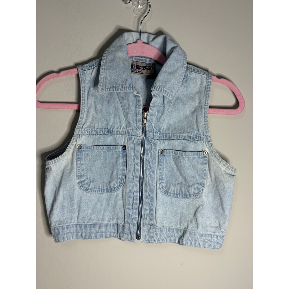Sasson Vintage‎ Jean Vest Crop Blue Size S Zip Front Pockets Distressed
